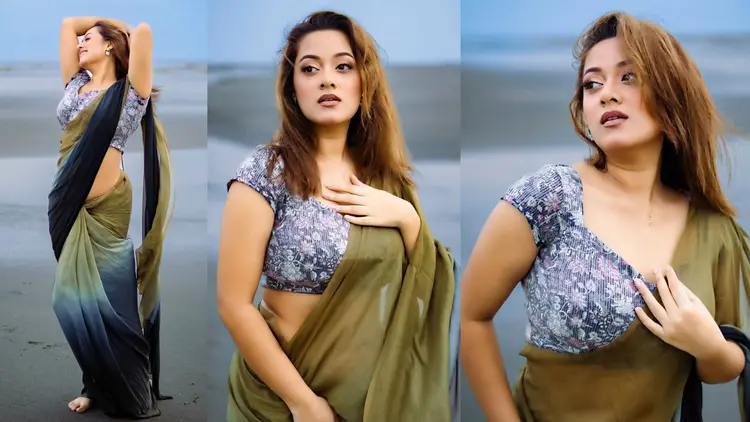 সমুদ্রতীরে শাড়িতে মুগ্ধতা ছড়ালেন দীঘি