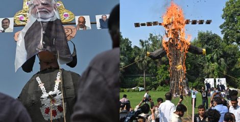 মোদির মুখাবয়ব দিয়ে রাবণের কুশপুত্তলিকা পোড়ালেন বিক্ষোভকারীরা