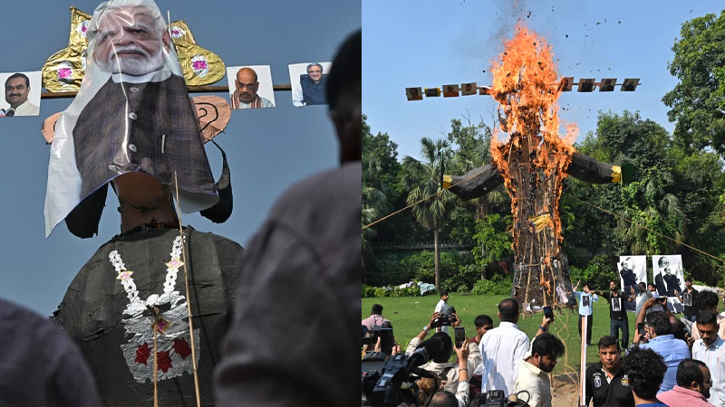 মোদির মুখাবয়ব দিয়ে রাবণের কুশপুত্তলিকা পোড়ালেন বিক্ষোভকারীরা